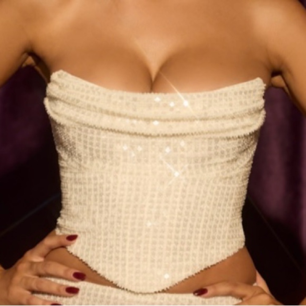 Oh Polly Cream Strapless Sequin Crop Top